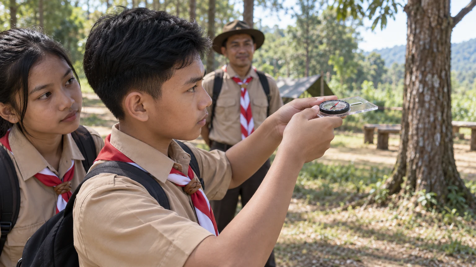 Latihan menggunakan kompas dalam kegiatan Pramuka
